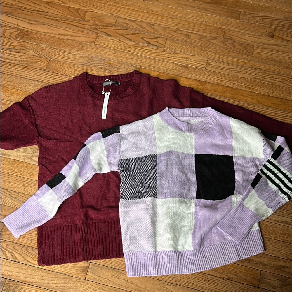 New sweater bundle Burgundy and Plaid Sweater Set NWOT